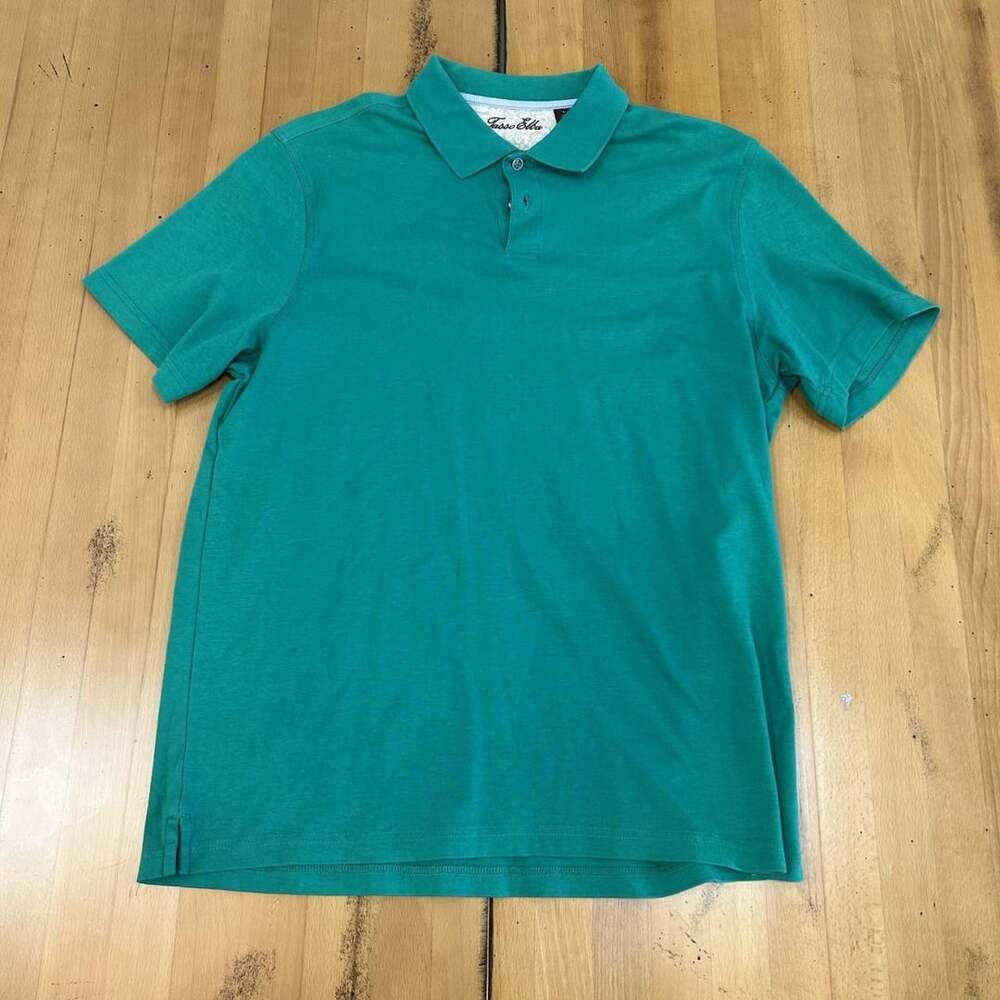 Tasso Elba Polo Shirt Size L Teal 100% Cotton Paisley Collar